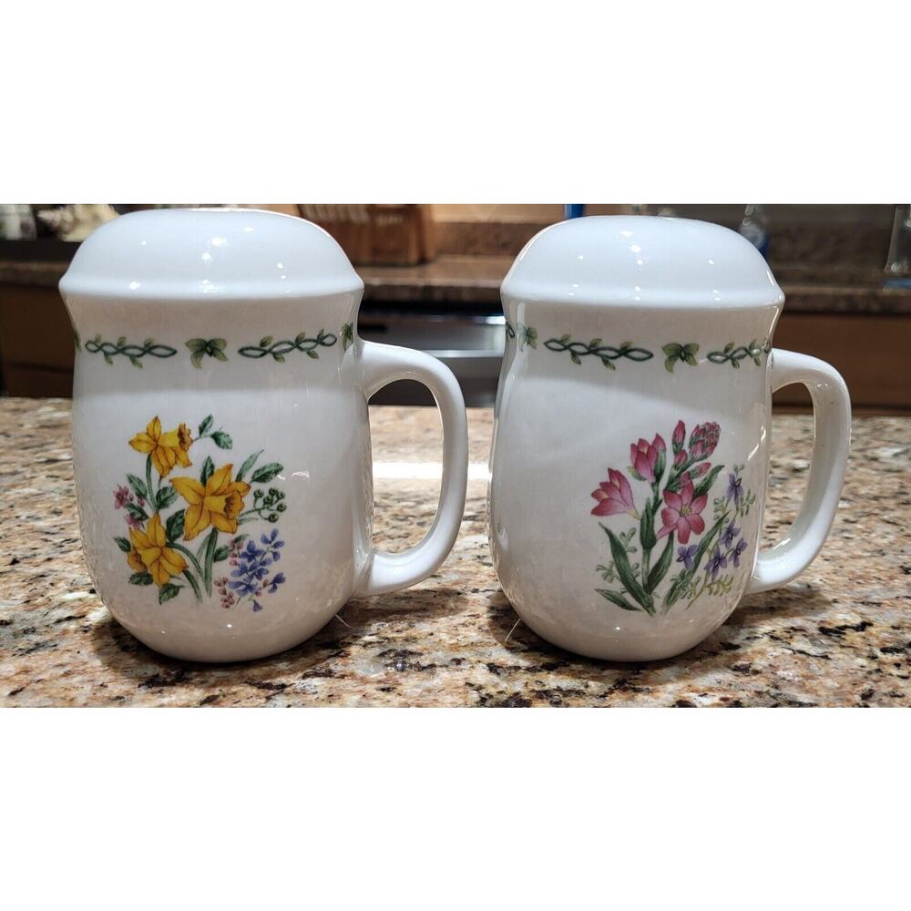 Salt & Pepper Shaker Set Flower Pattern With Handle Approx 4 1/2" Tall By 3" Dia